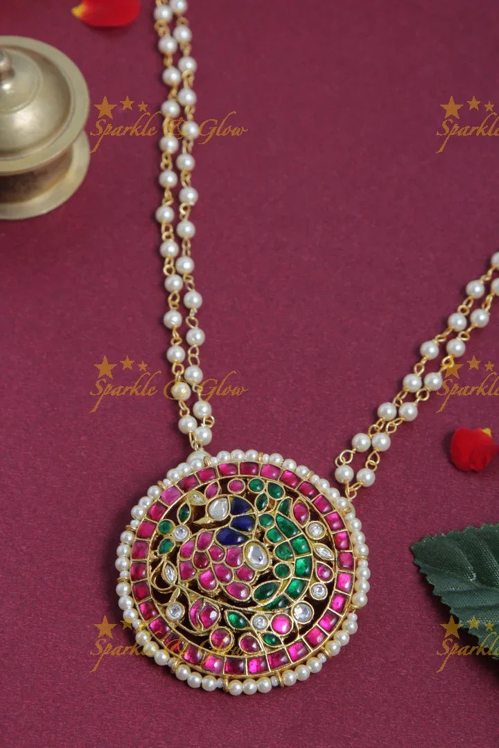 jadau kundan peacock full moon pendent chain with pearls - Sparkle and Glow