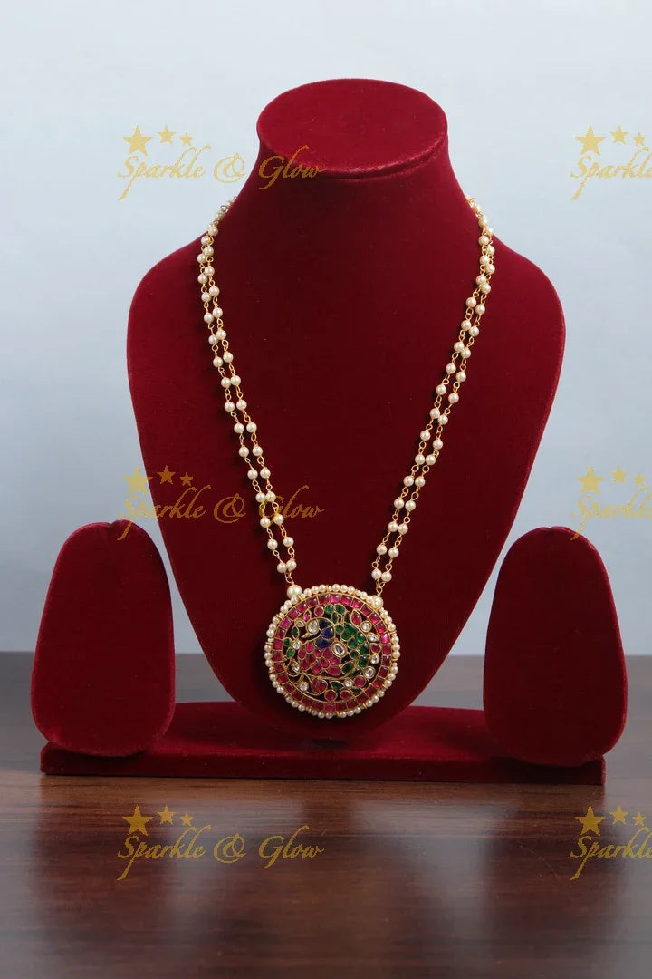 jadau kundan peacock full moon pendent chain with pearls - Sparkle and Glow