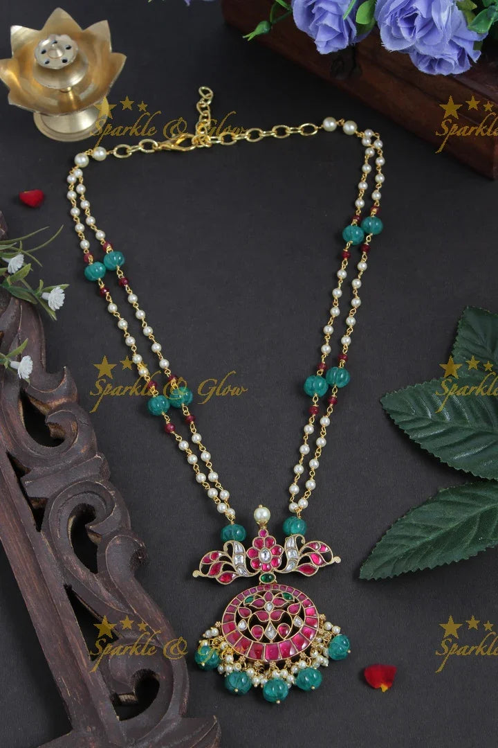 jadau kundan flower pendent chain with pearl and green pumkin beads - Sparkle and Glow