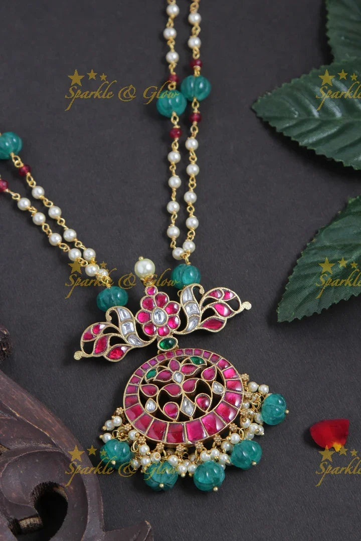 jadau kundan flower pendent chain with pearl and green pumkin beads - Sparkle and Glow