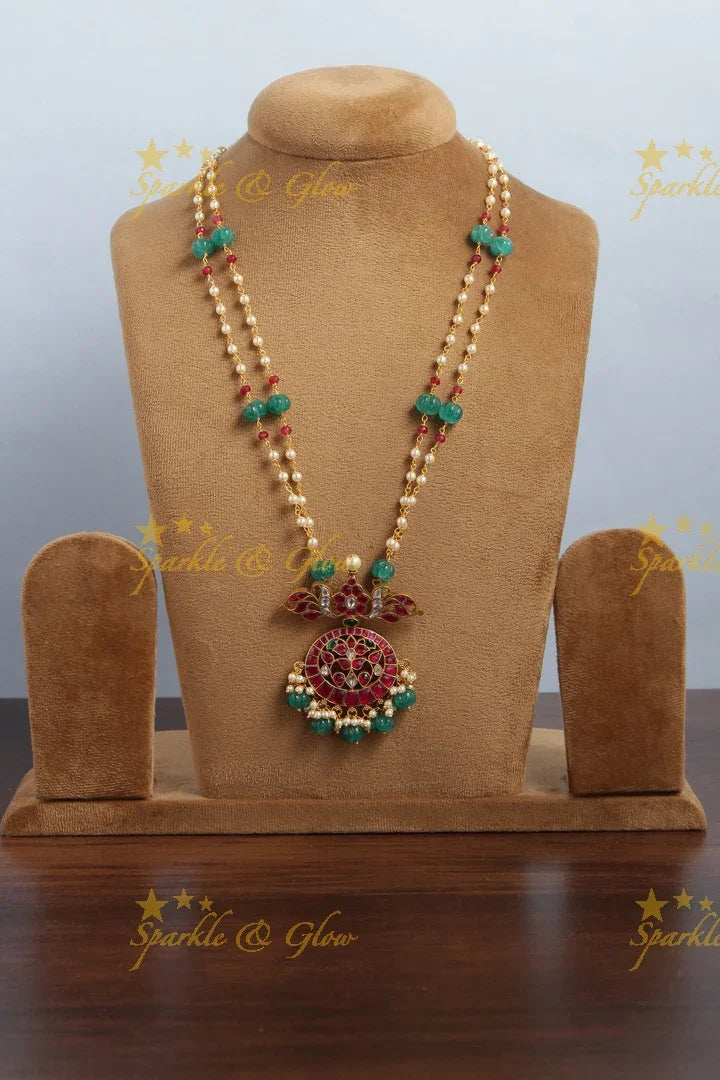jadau kundan flower pendent chain with pearl and green pumkin beads - Sparkle and Glow