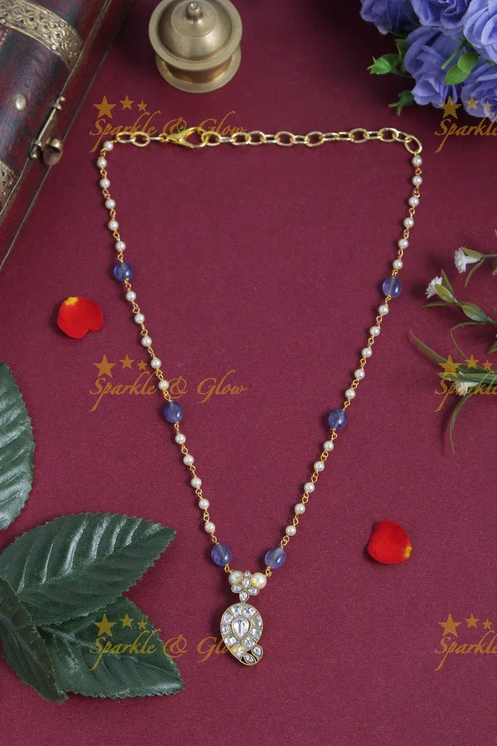 jadau kundan mango pendent chain with pearl and violet pumkin beads - Sparkle and Glow