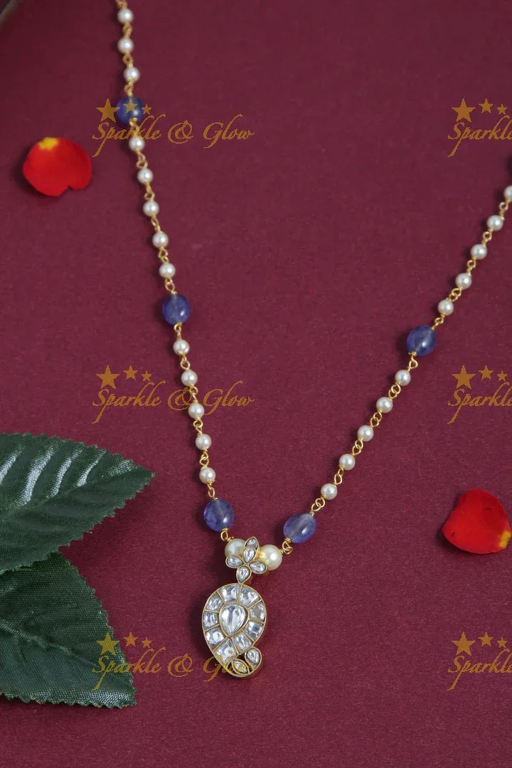 jadau kundan mango pendent chain with pearl and violet pumkin beads - Sparkle and Glow