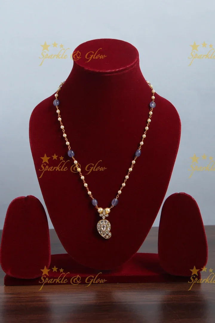 jadau kundan mango pendent chain with pearl and violet pumkin beads - Sparkle and Glow