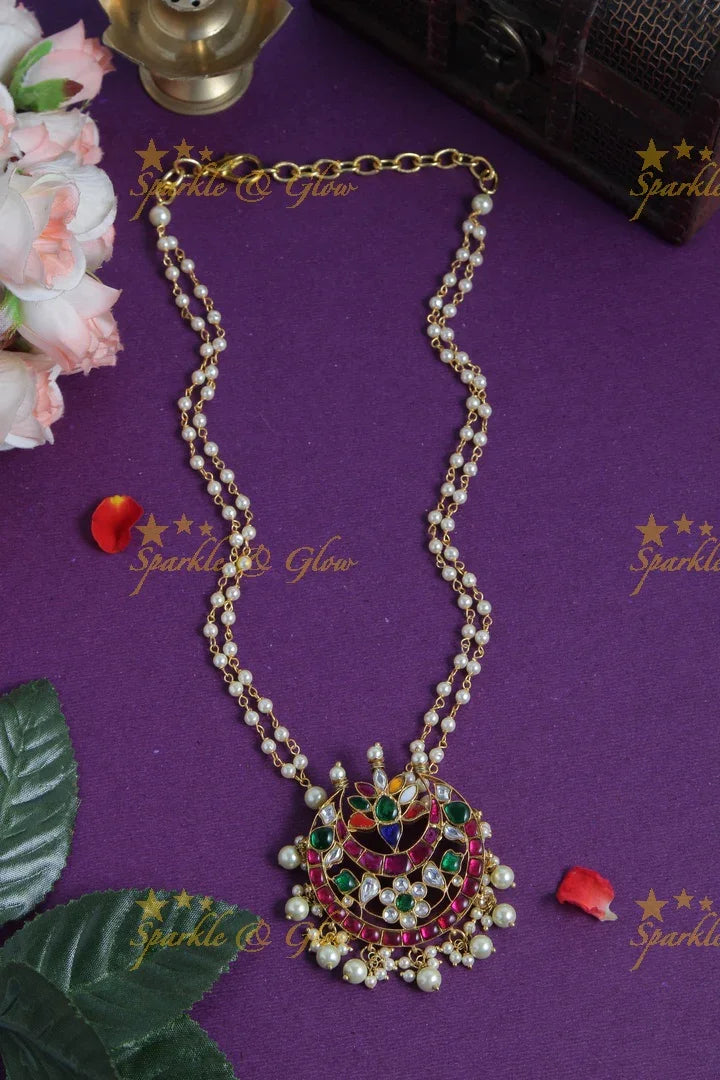 jadau kundan half moon floral pendent chain with pearls - Sparkle and Glow
