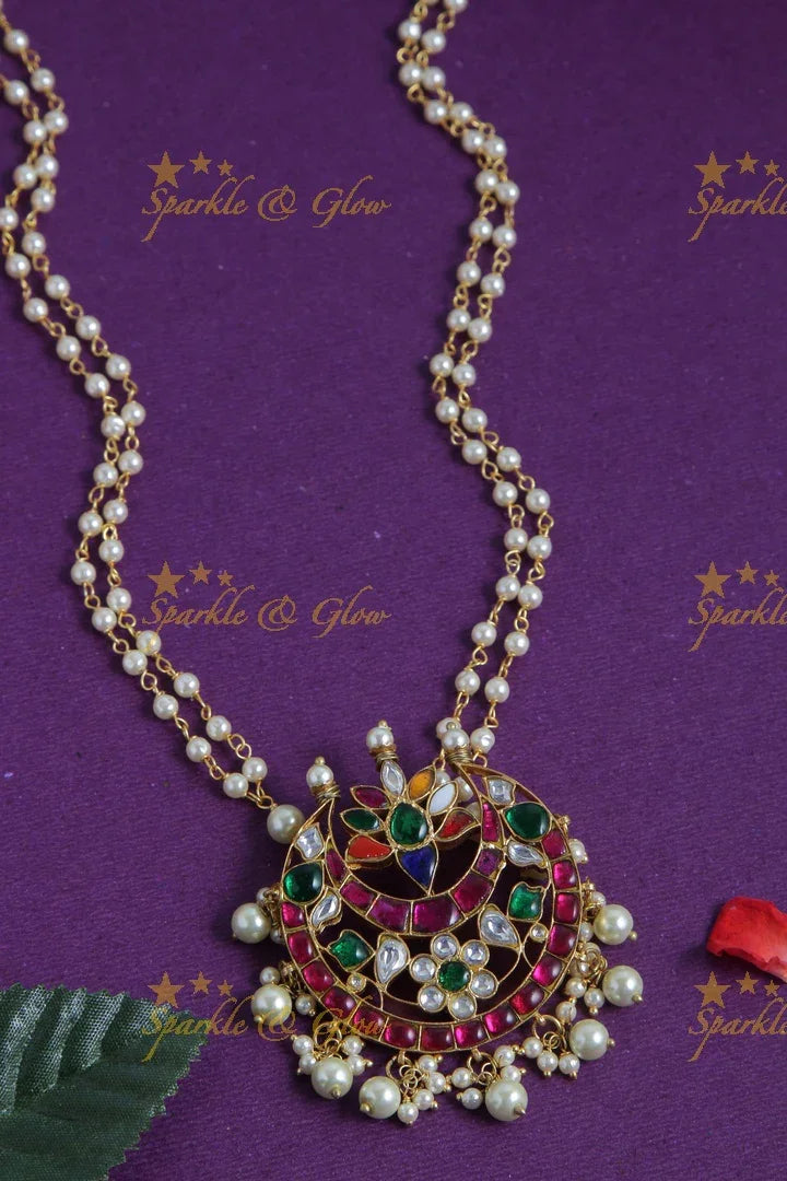 jadau kundan half moon floral pendent chain with pearls - Sparkle and Glow