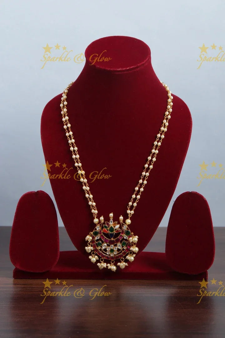 jadau kundan half moon floral pendent chain with pearls - Sparkle and Glow