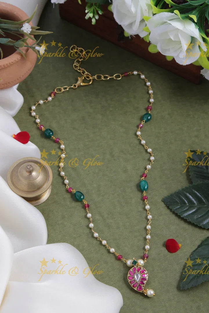 jadau kundan mango pendent chain with pearl and green pumkin beads - Sparkle and Glow