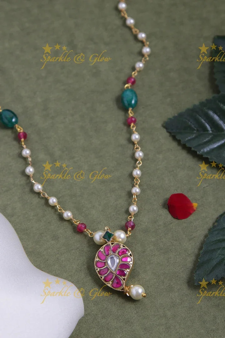 jadau kundan mango pendent chain with pearl and green pumkin beads - Sparkle and Glow
