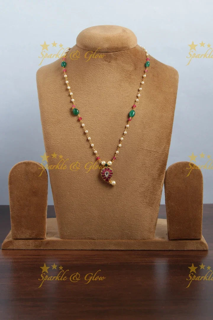 jadau kundan mango pendent chain with pearl and green pumkin beads - Sparkle and Glow