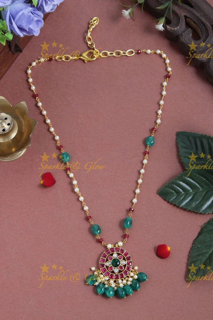 jadau kundan flora full moon pendent chain with pearl and green beads - Sparkle and Glow