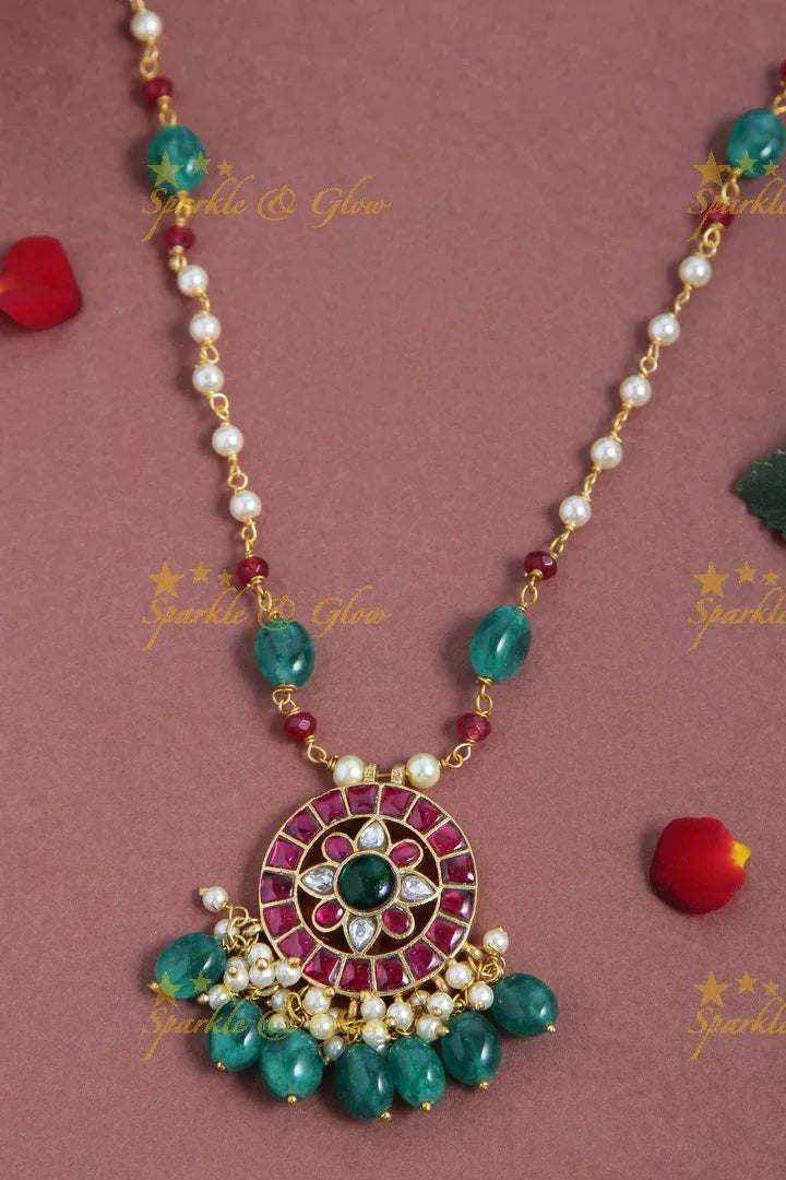 jadau kundan flora full moon pendent chain with pearl and green beads - Sparkle and Glow