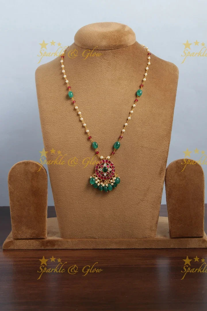 jadau kundan flora full moon pendent chain with pearl and green beads - Sparkle and Glow
