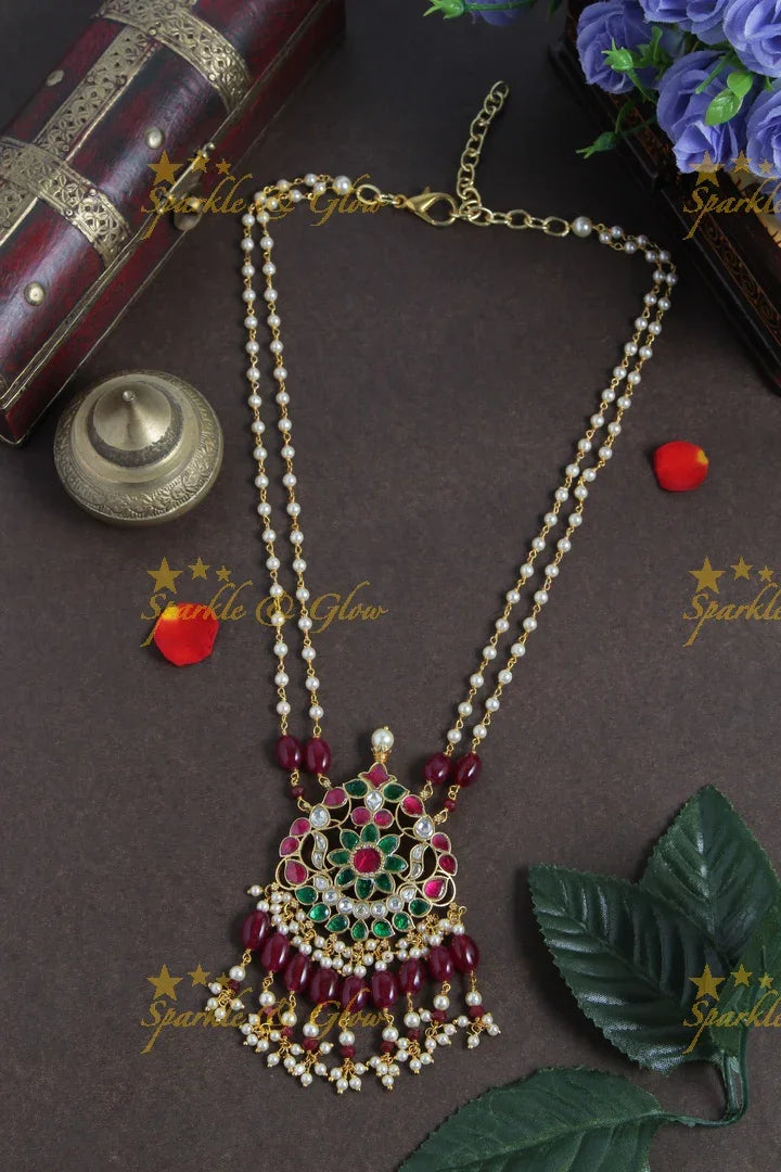 jadau kundan peacock floral pendent chain with pearl and pink beads - Sparkle and Glow