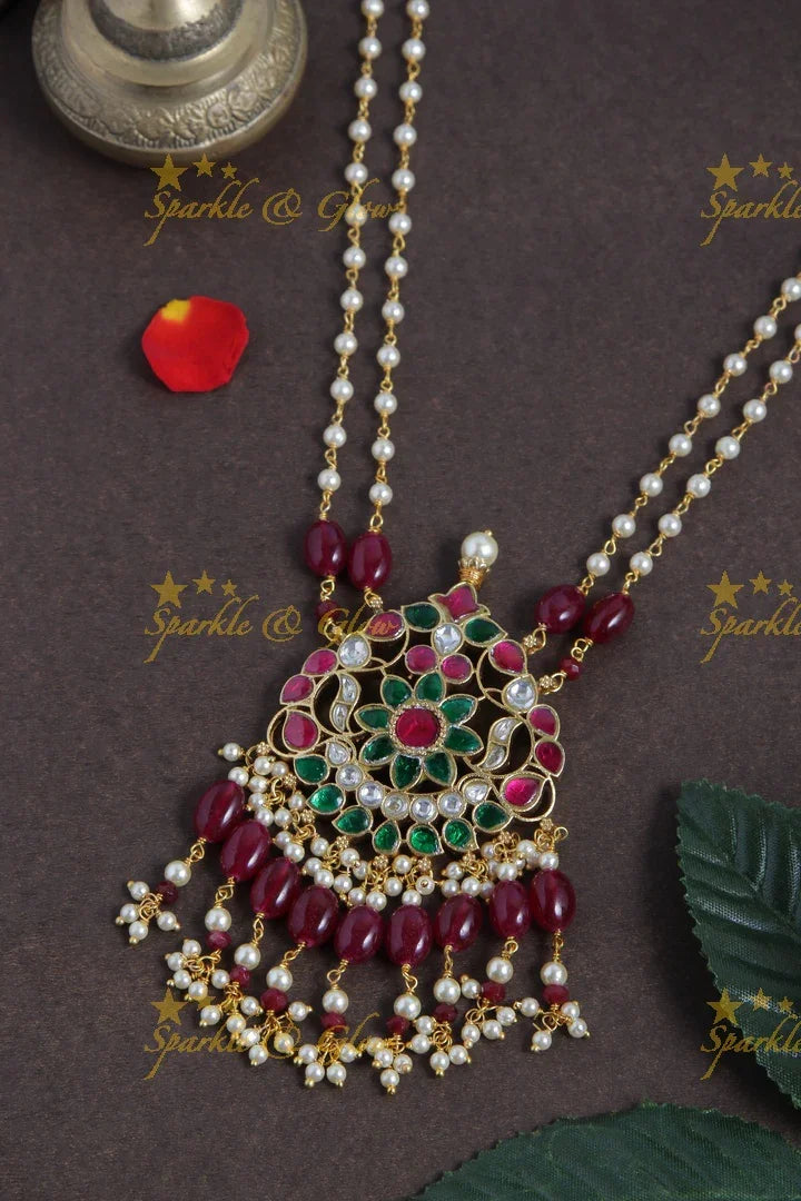 jadau kundan peacock floral pendent chain with pearl and pink beads - Sparkle and Glow