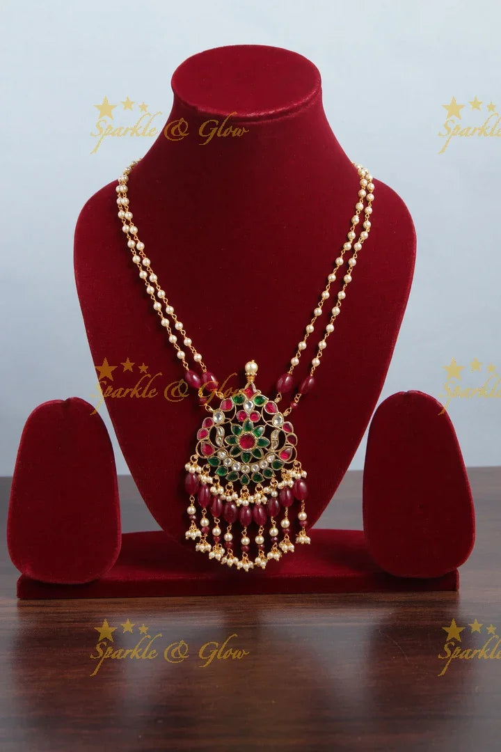 jadau kundan peacock floral pendent chain with pearl and pink beads - Sparkle and Glow