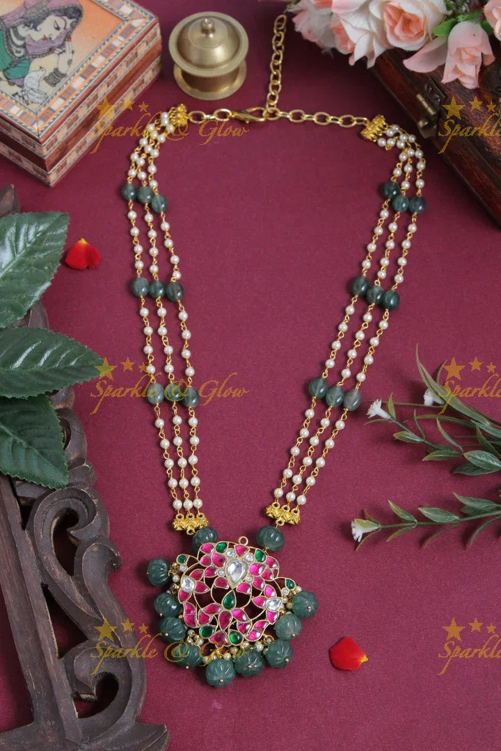 jadau kundan flower pendent three layer chain with pearl and green pumkin beads - Sparkle and Glow
