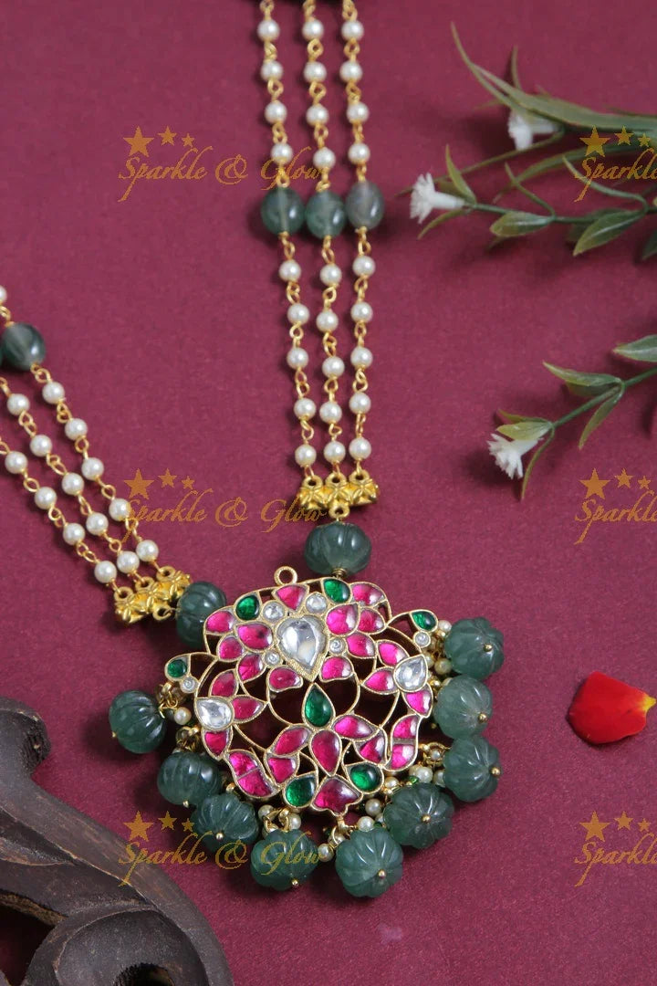 jadau kundan flower pendent three layer chain with pearl and green pumkin beads - Sparkle and Glow