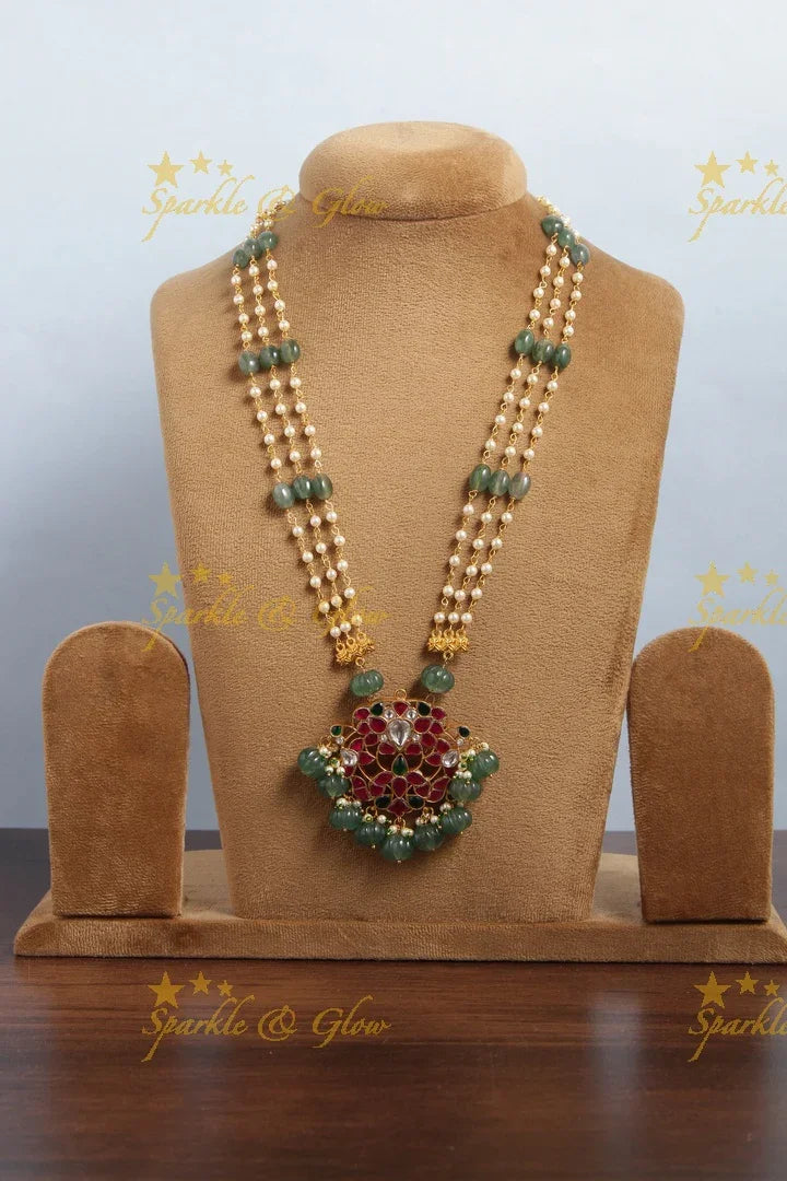 jadau kundan flower pendent three layer chain with pearl and green pumkin beads - Sparkle and Glow