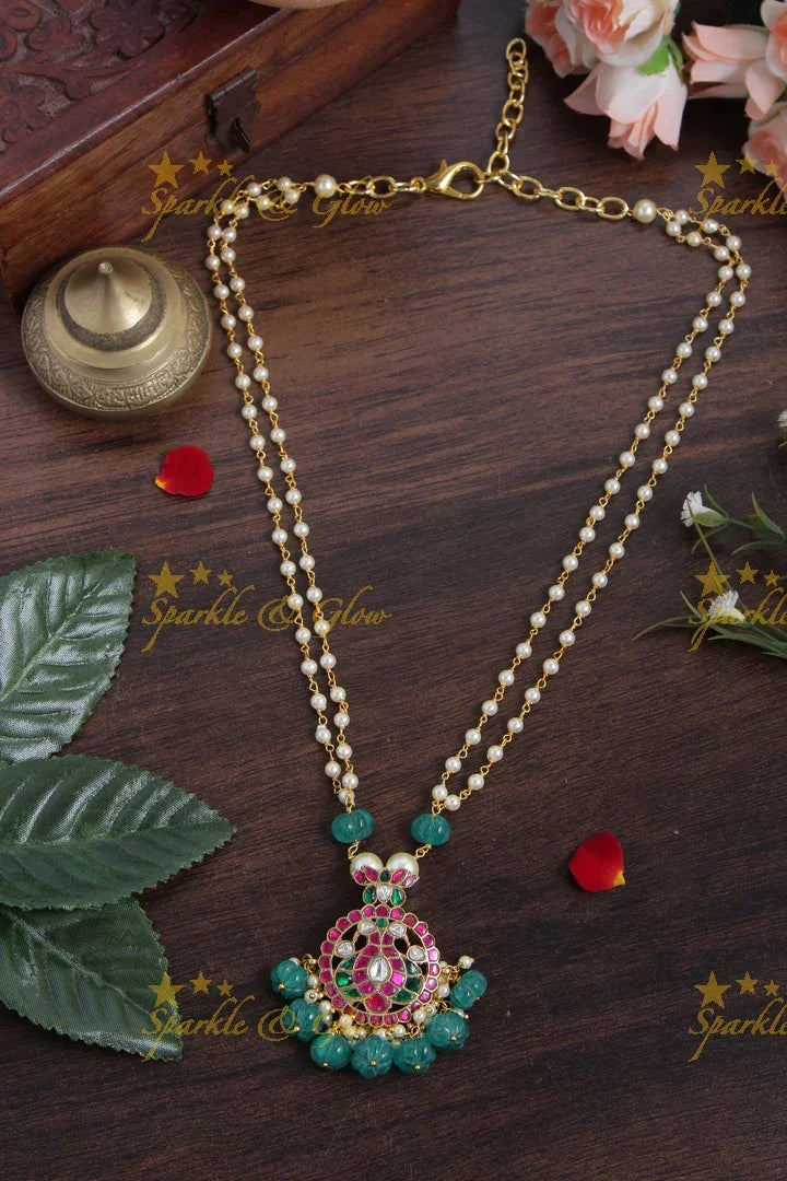 jadau kundan peacock pendent two layer chain with pearl and green pumkin beads - Sparkle and Glow