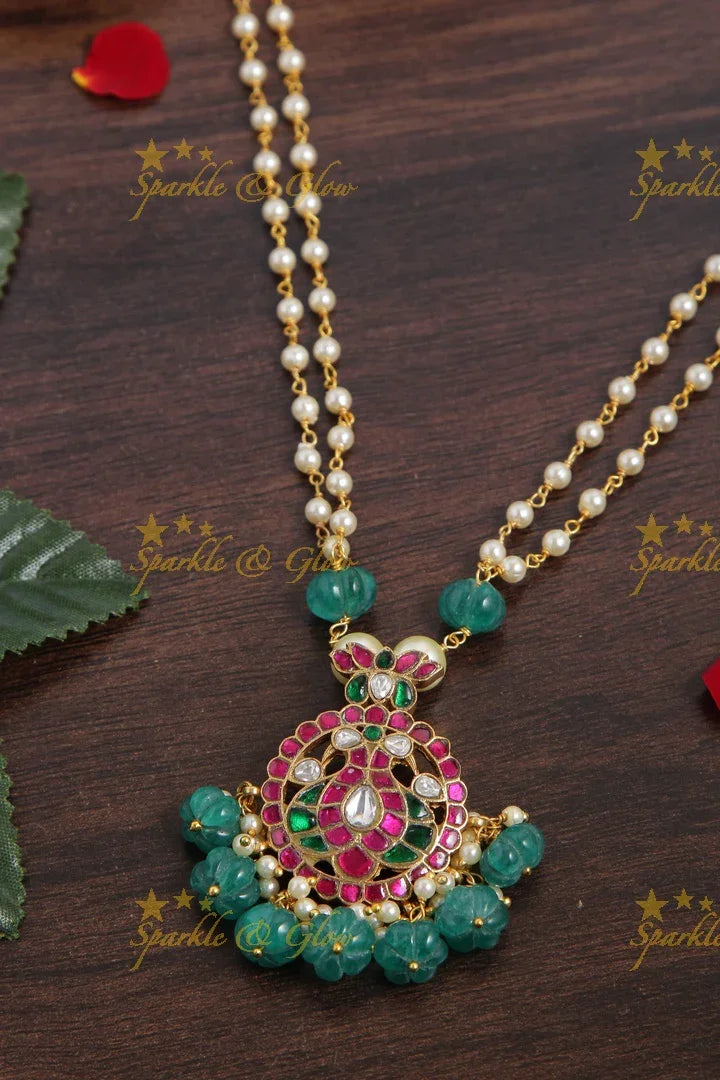 jadau kundan peacock pendent two layer chain with pearl and green pumkin beads - Sparkle and Glow