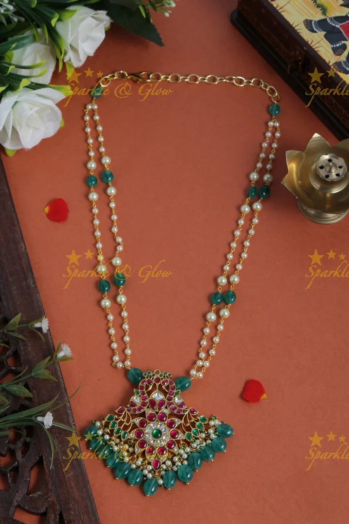 jadau kundan peacock flower pendent two layer chain with pearl and green beads - Sparkle and Glow