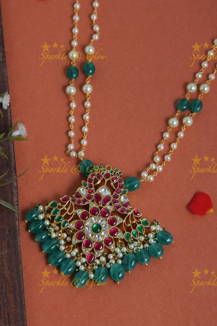 jadau kundan peacock flower pendent two layer chain with pearl and green beads - Sparkle and Glow