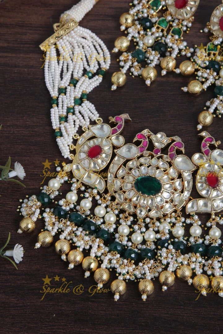 Intricately carved Jadau Kundan peacock pendent pearl choker - Sparkle and Glow