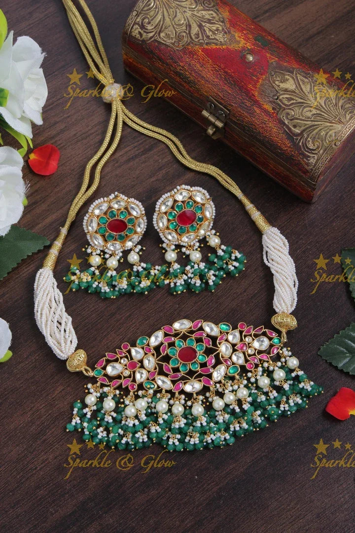 Intricately carved Jadau Kundan choker with green beads - Sparkle and Glow