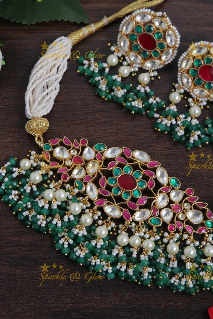 Intricately carved Jadau Kundan choker with green beads - Sparkle and Glow