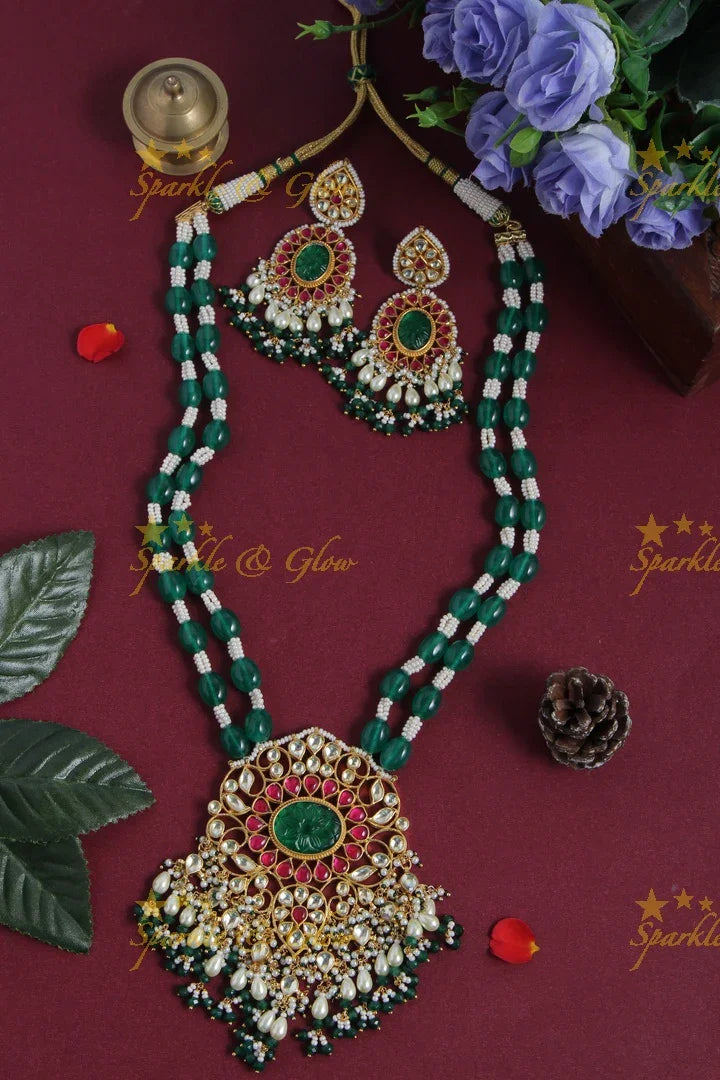 Gold alike long jadau kundan pendent Green beads haram with rice pearl drops - Sparkle and Glow