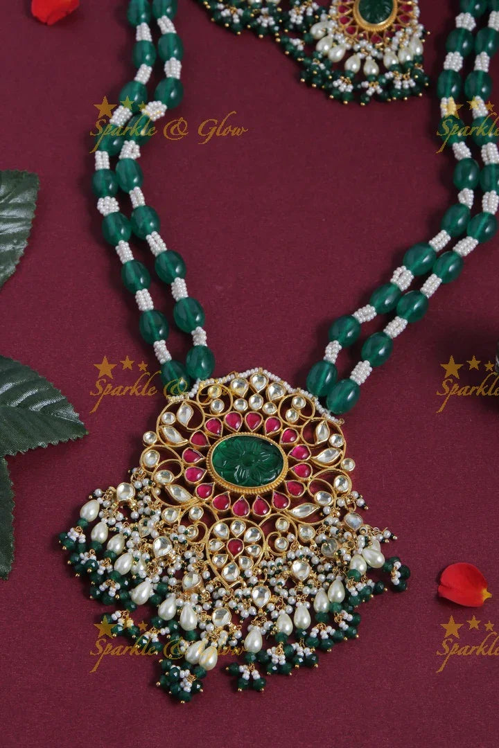 Gold alike long jadau kundan pendent Green beads haram with rice pearl drops - Sparkle and Glow