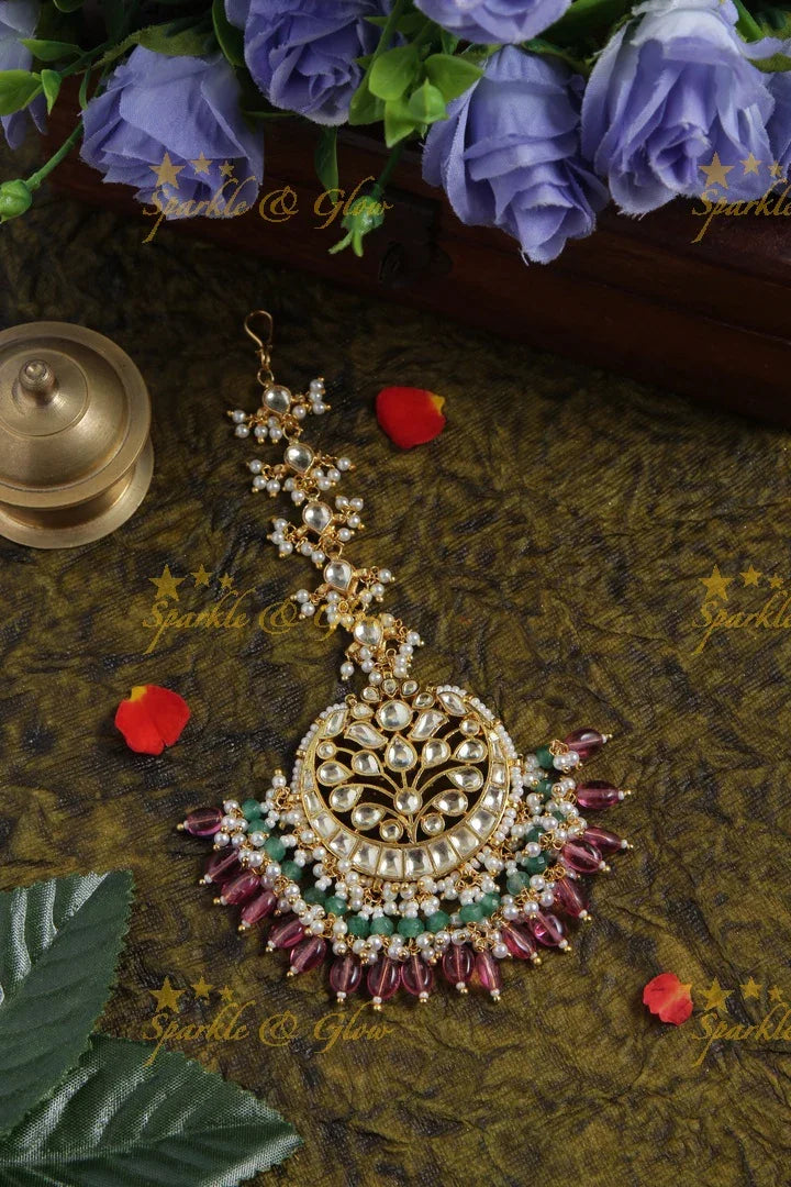 Beautiful half moon leaf maang tikka with pearls and pink beads - Sparkle and Glow