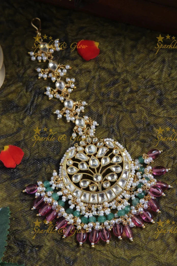 Beautiful half moon leaf maang tikka with pearls and pink beads - Sparkle and Glow