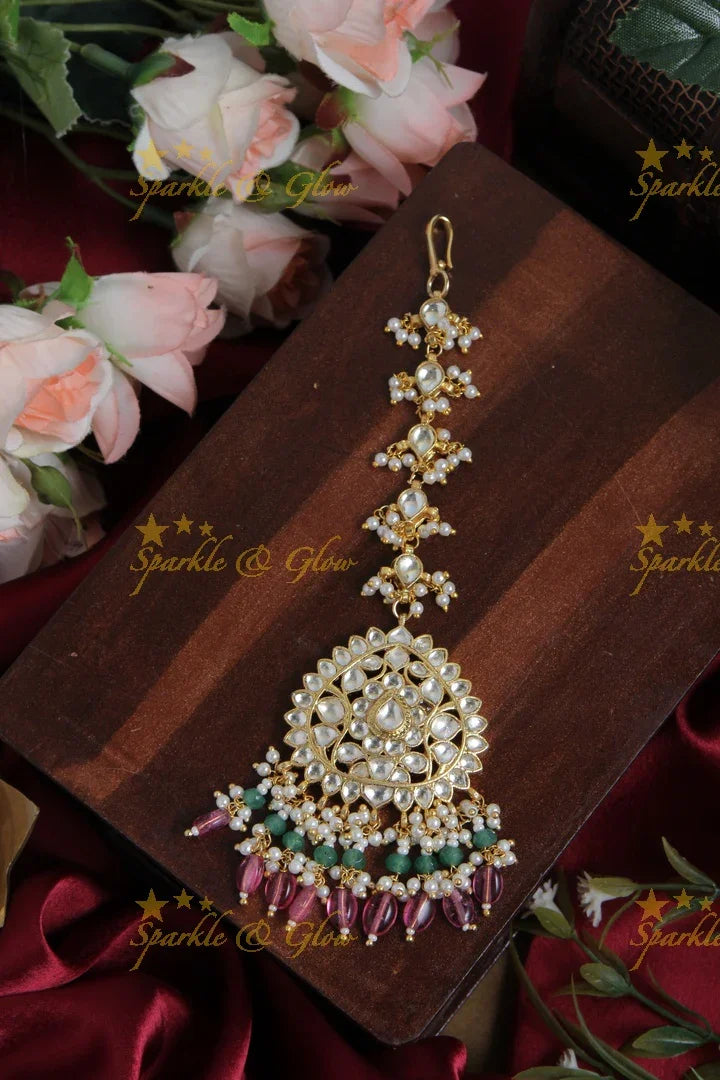 Gold alike leaf design maang tikka with pearls and pink beads - Sparkle and Glow