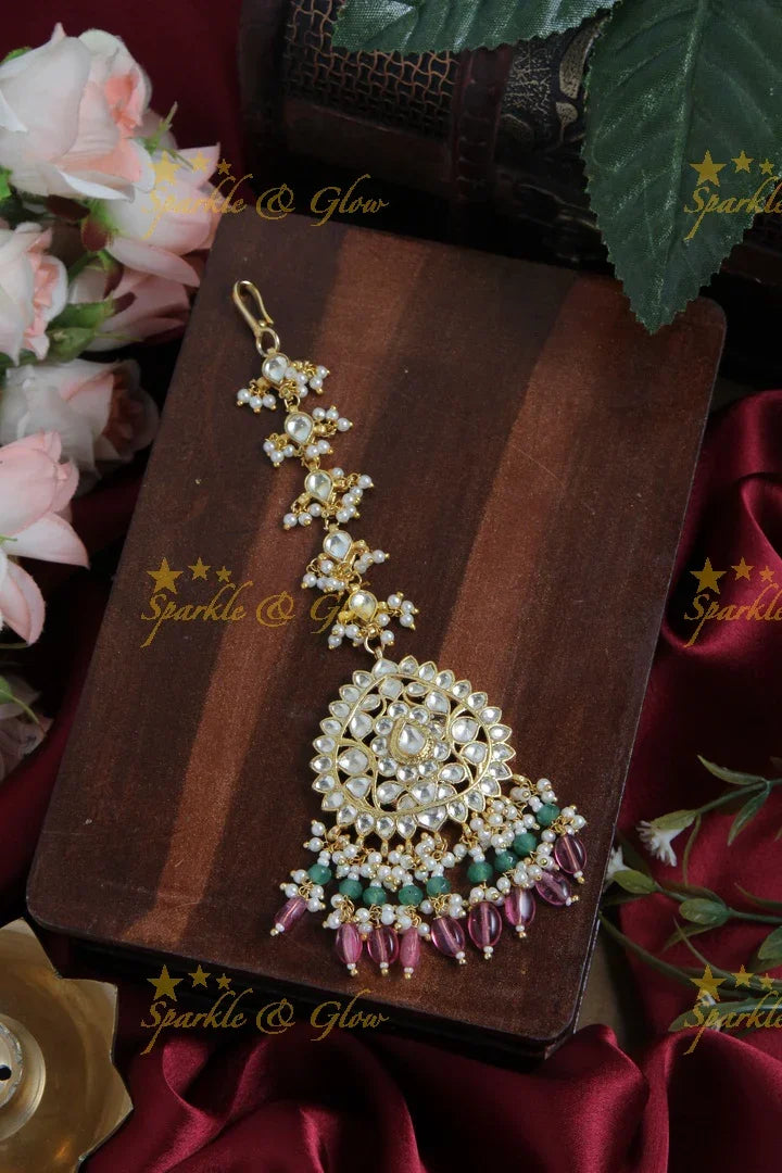 Gold alike leaf design maang tikka with pearls and pink beads - Sparkle and Glow