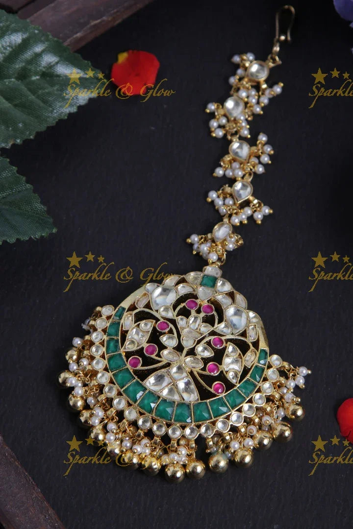 Gold alike half moon jadau kundan maang tikka with gold beads - Sparkle and Glow