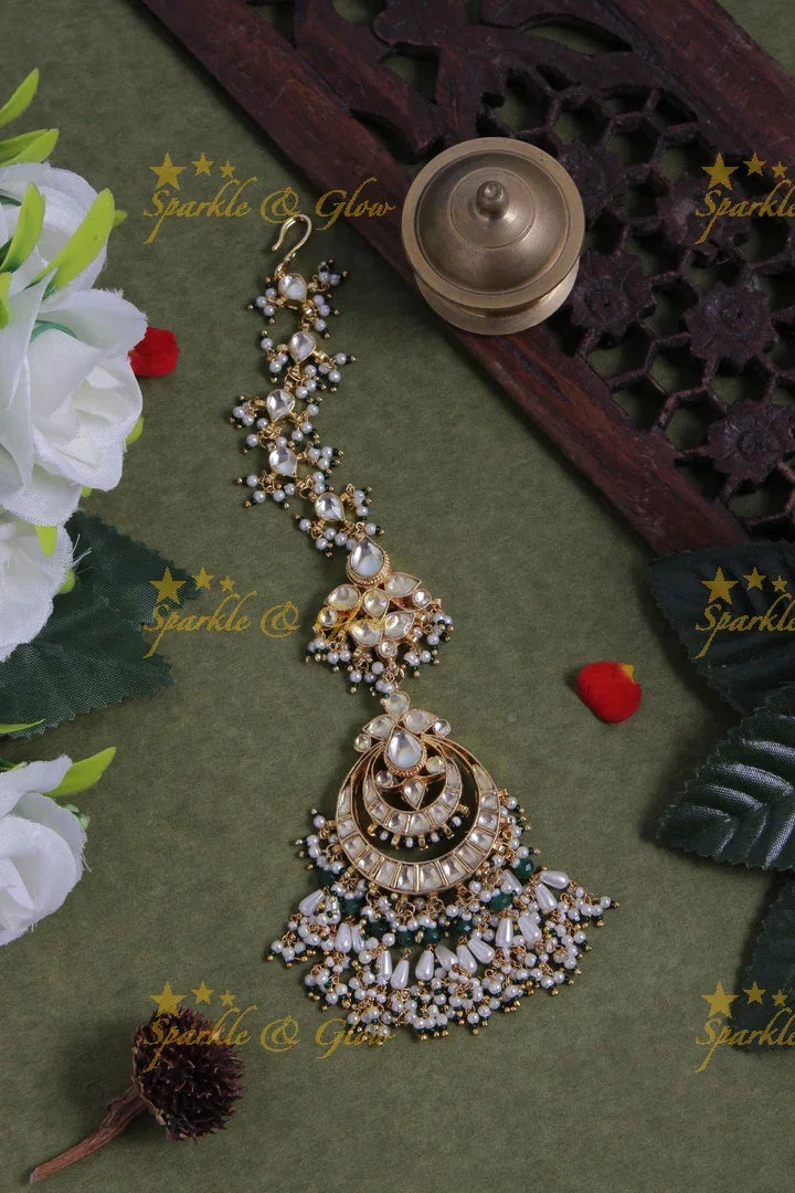 Gold alike double half moon maang tikka with pearls and green beads - Sparkle and Glow