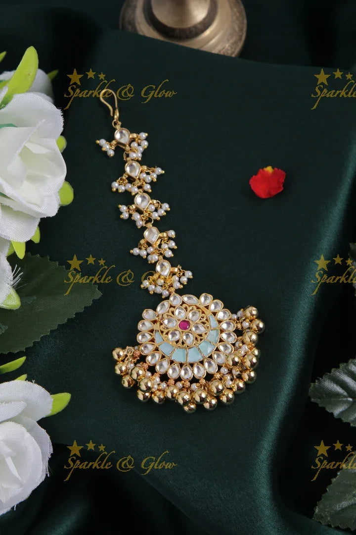 Beautiful gold alike light blue half moon floral maang tikka with gold beads - Sparkle and Glow