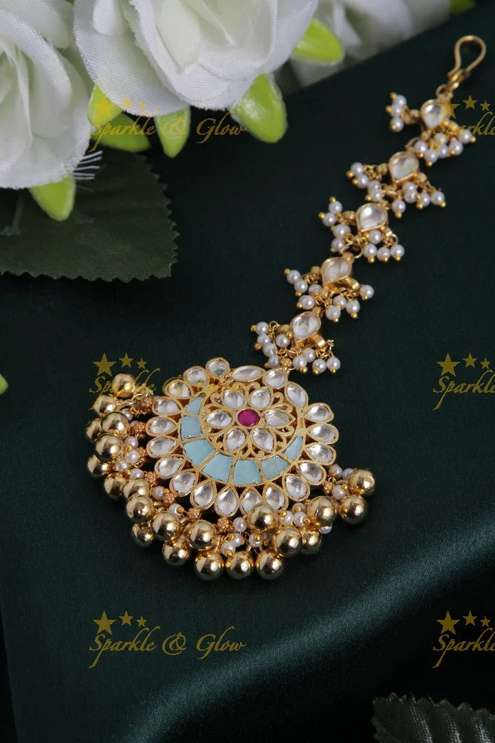 Beautiful gold alike light blue half moon floral maang tikka with gold beads - Sparkle and Glow