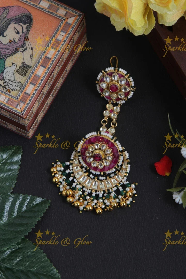 Gold alike half moon two similar floral maang tikka - Sparkle and Glow