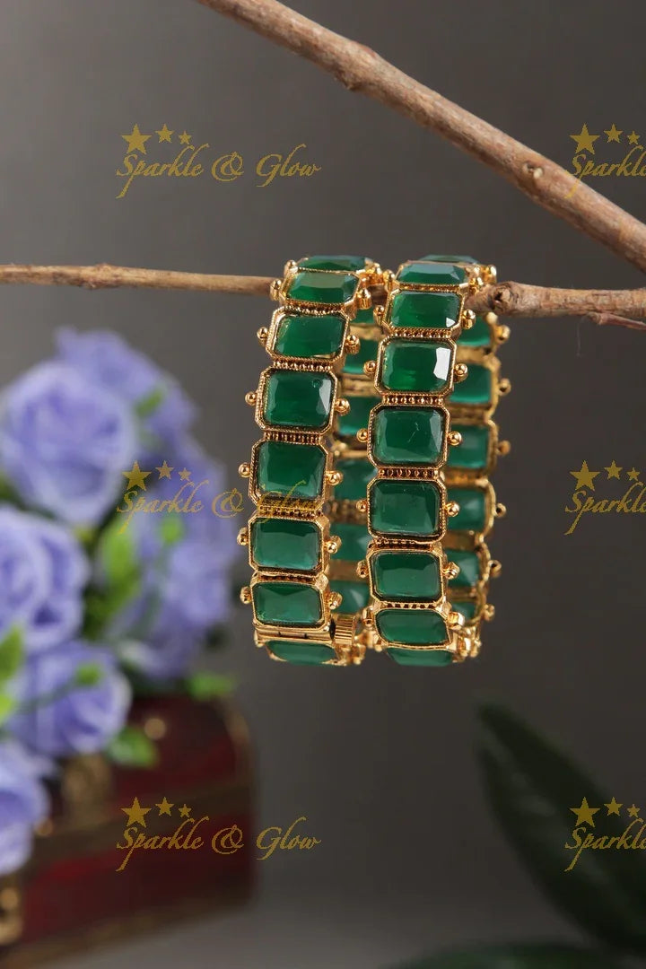 Antique Green Stone bangles -a pair - Sparkle and Glow
