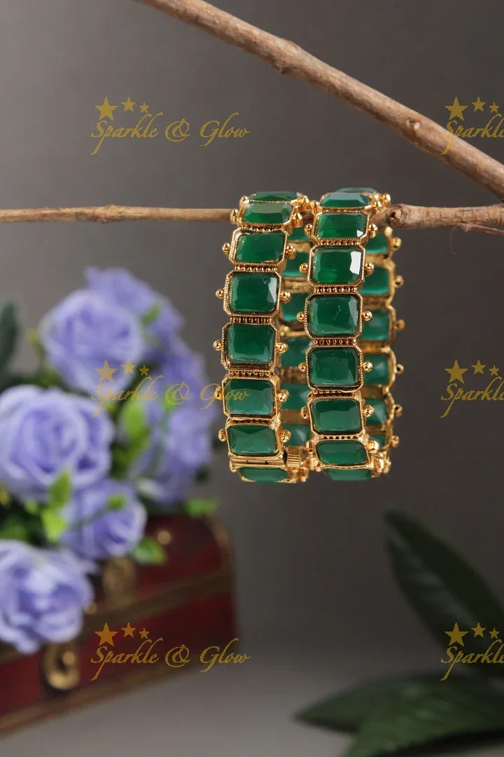 Antique Green Stone bangles -a pair - Sparkle and Glow