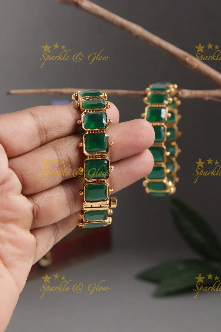 Antique Green Stone bangles -a pair - Sparkle and Glow