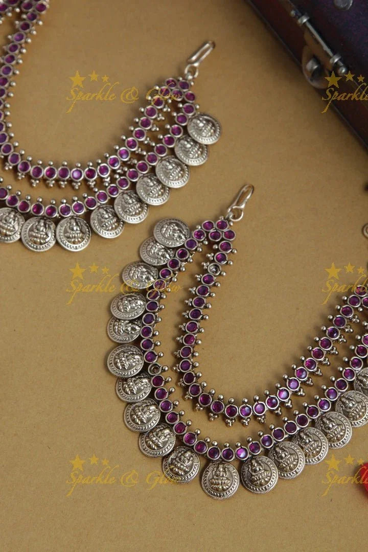 Beautiful pink stone lakshmi coin ear chain - Sparkle and Glow