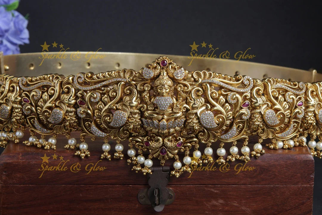 Beautiful gold alike goddess lakshmi carved hipbelt - Sparkle and Glow
