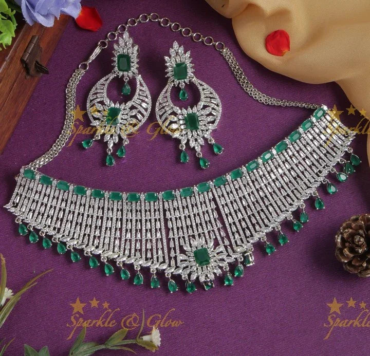 Glittering AD stone silver choker with earrings - Sparkle and Glow