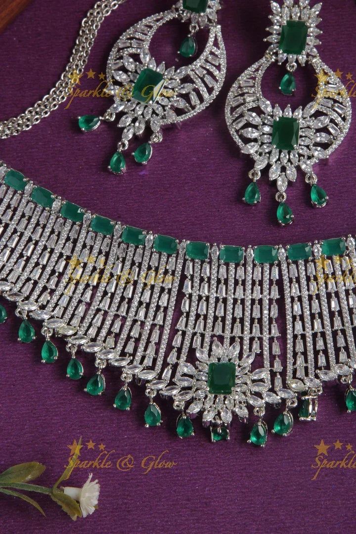 Glittering AD stone silver choker with earrings - Sparkle and Glow