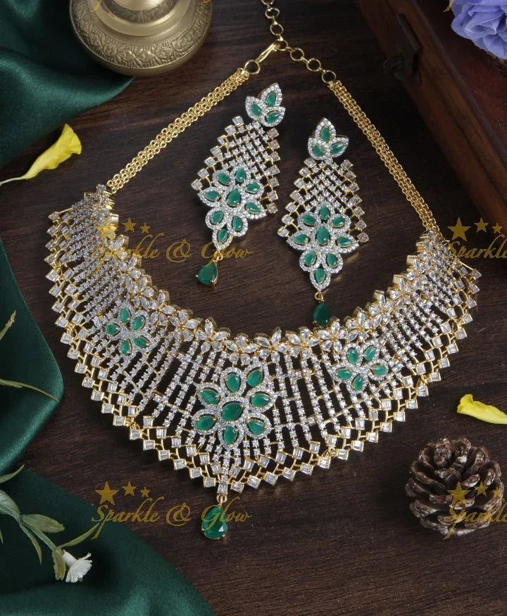 Beautiful glittering GJ polish AD stone green high neck choker - Sparkle and Glow