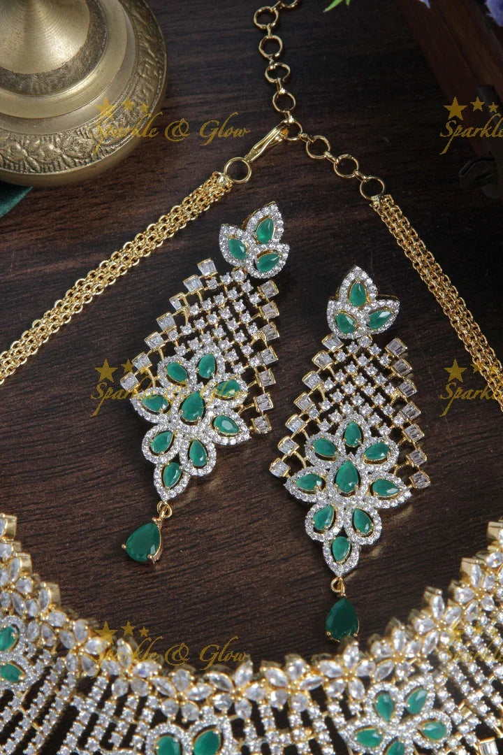 Beautiful glittering GJ polish AD stone green high neck choker - Sparkle and Glow